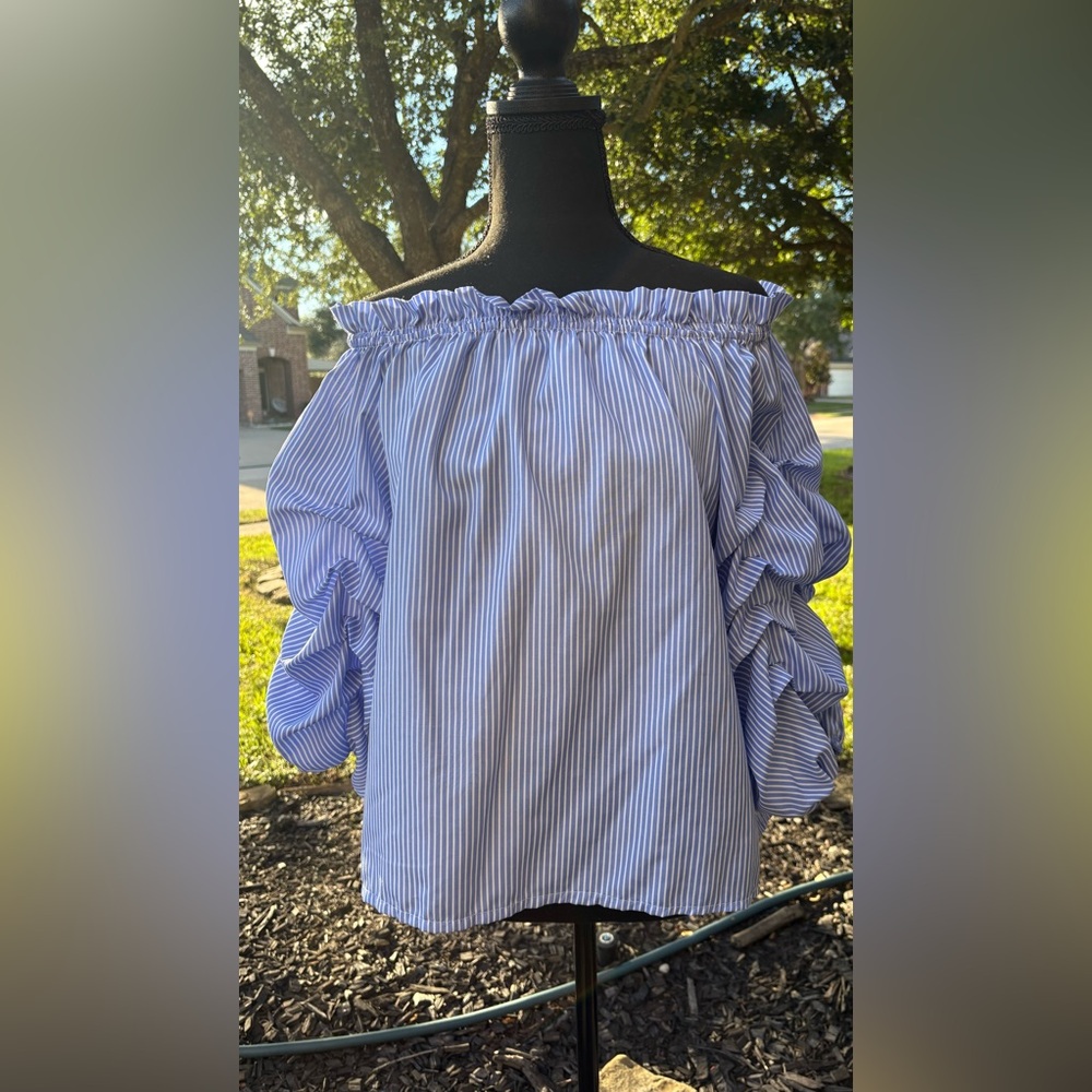 Sadie & Love: Blue Striped Off-Shoulder Top